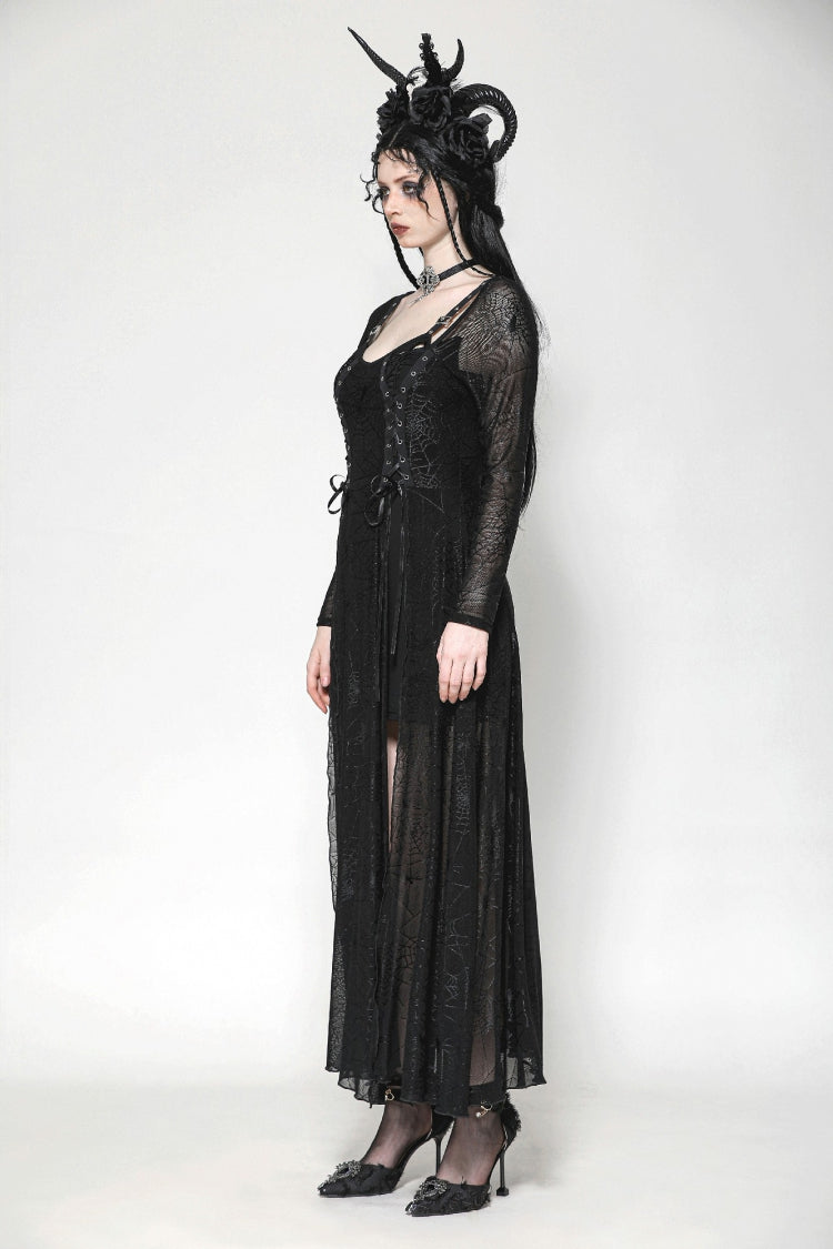 Black Long Sleeves Lace-Up Spiderweb Women's Gothic Elegant Witch Long Dress - Product - 11