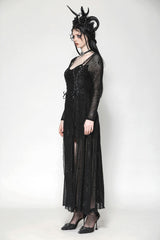 Black Long Sleeves Lace-Up Spiderweb Women's Gothic Elegant Witch Long Dress - Product - 11