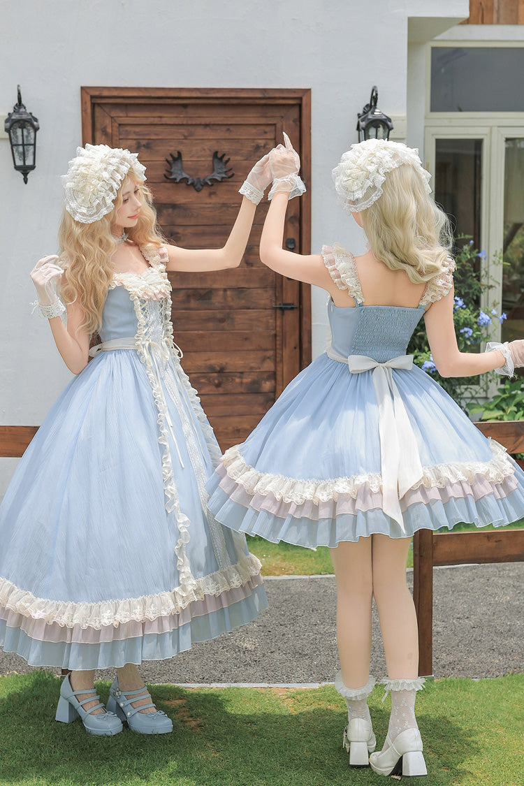 Blue [Island Diary] Square Collar Flutter Sleeves Triple-Layered Ruffled Lace-Up Sweet Lolita Jsk Dress 2 Versions - Product - 5