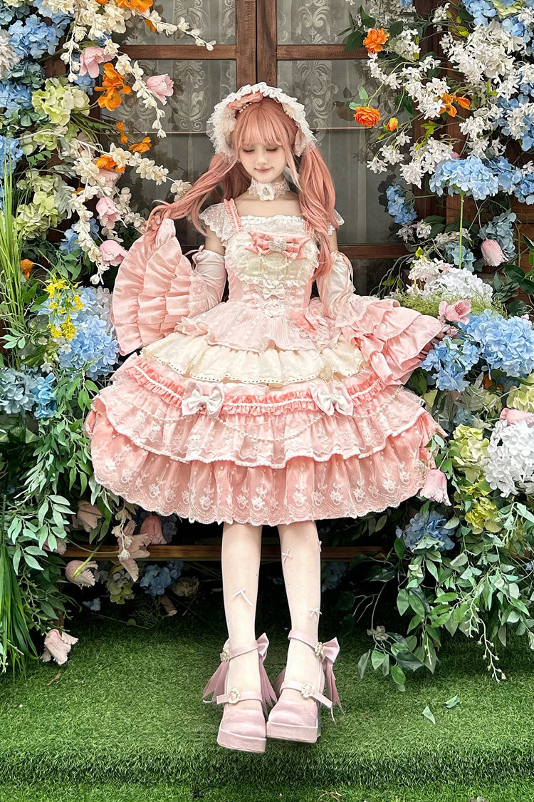 Pink [Falling Sakura] Multi-Layered Ruffled Hanayome Bow Lace Sweet Plus Size Princess Lolita Jsk Dress - Pink - 1