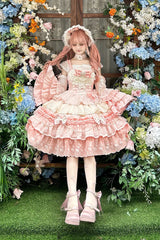 Pink [Falling Sakura] Multi-Layered Ruffled Hanayome Bow Lace Sweet Plus Size Princess Lolita Jsk Dress - Pink - 1