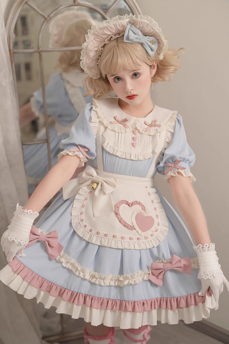 Blue Short Puff Sleeves Ruffle Bowknot Maid Sweet Princess Lolita Dress - Product - 8