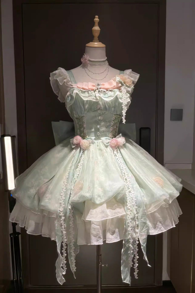 Green Flower Fairy Forest Garden Print Ruffle Bow Lace Sweet Lolita Dress detail view 12