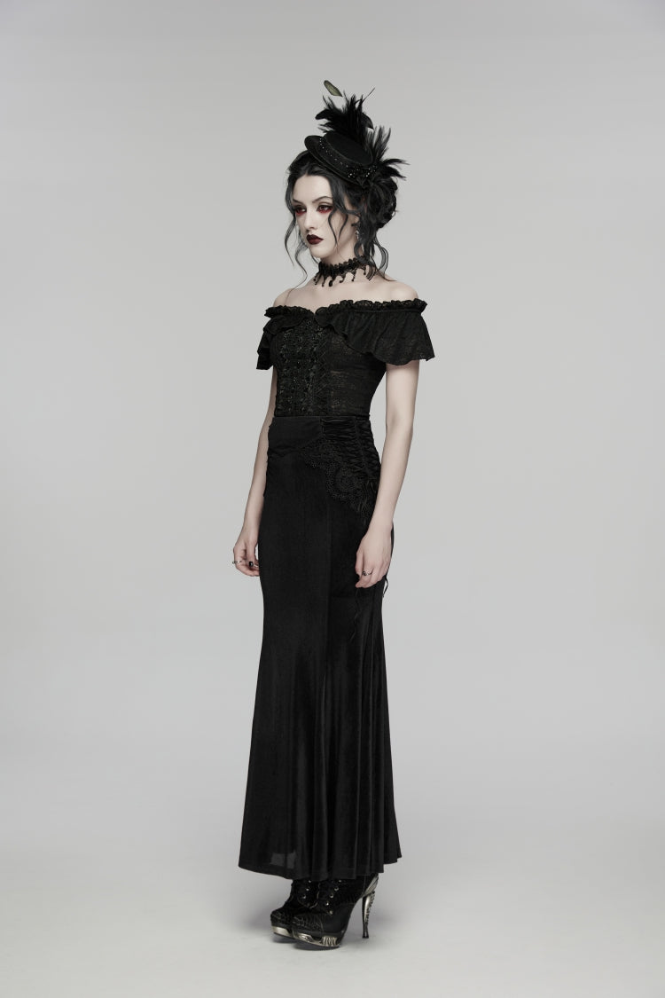Black Embroidered Lace-Up Slim Women's Gothic Elegant Long Skirt - Product - 4