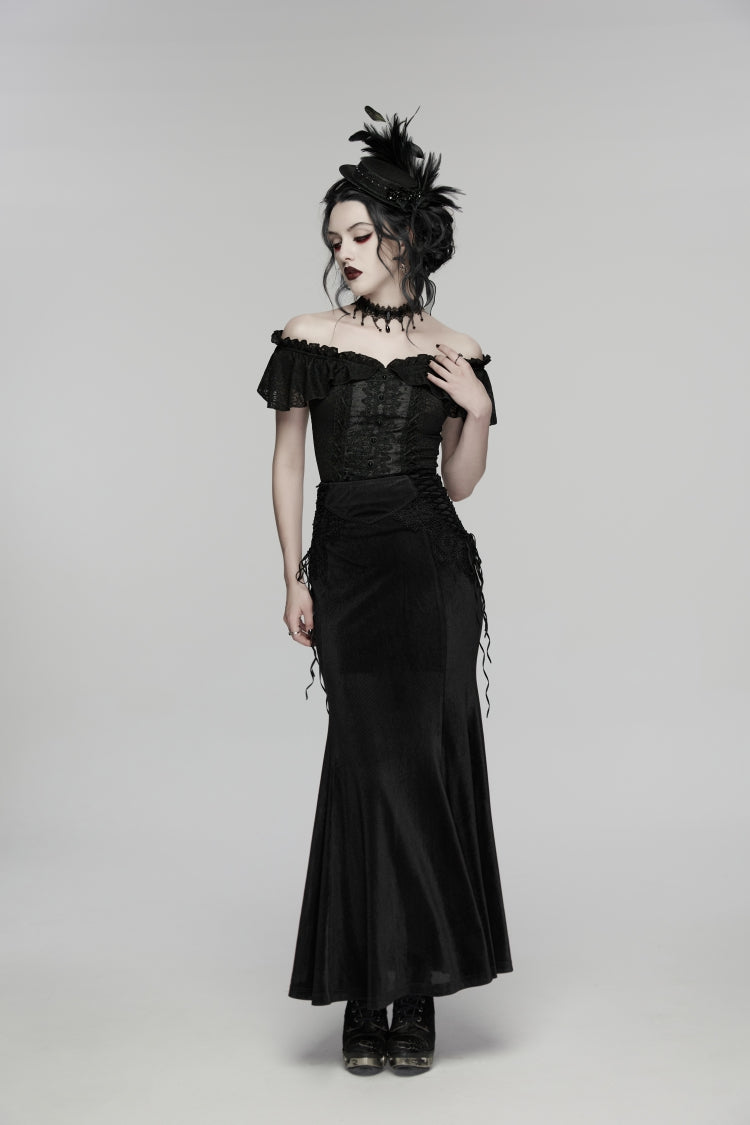 Black Embroidered Lace-Up Slim Women's Gothic Elegant Long Skirt - Product - 5