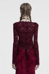Red V Collar Long Sleeves Lace Sheer Women's Gothic Blouse - Product - 3