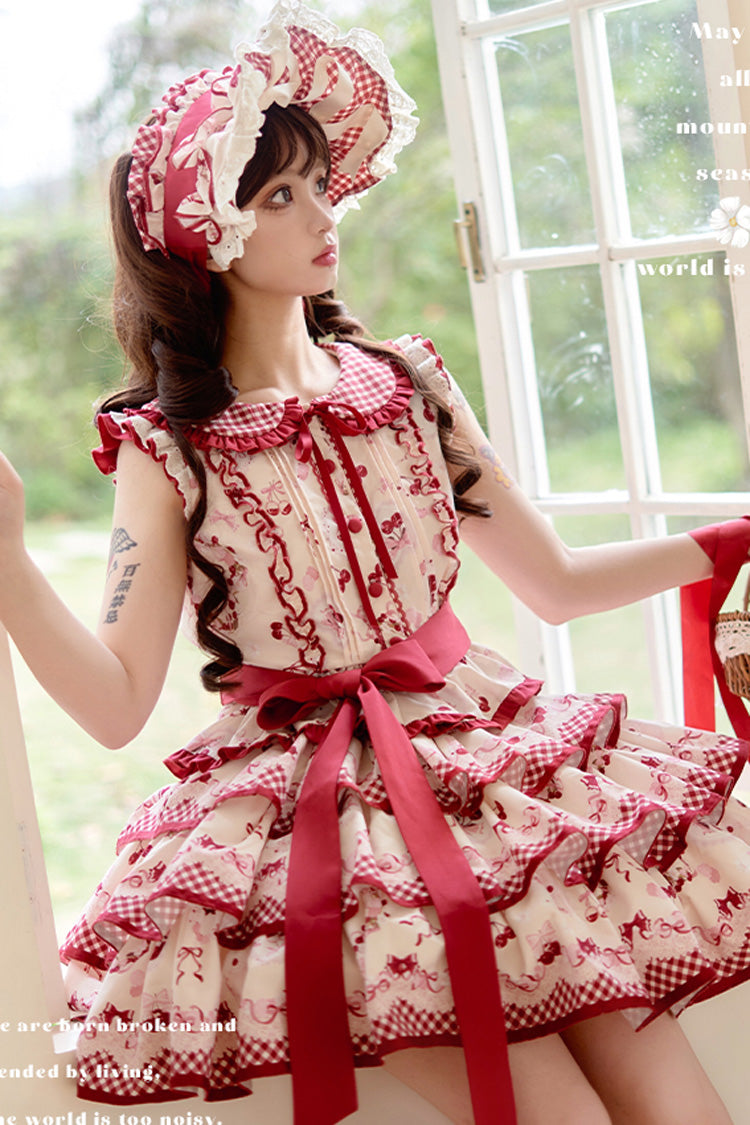 Red Triple-Layered [Cherries Are Ripe] Print Ruffle Sweet Lolita Skirt Set - Product - 4