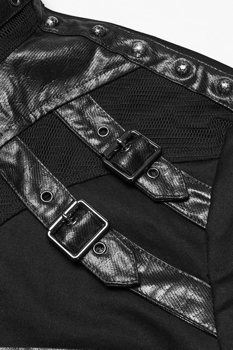 Black Stand Collar Long Sleeves Rivet Buckle Straps Eyelet Men's Punk Blouse - Product - 6