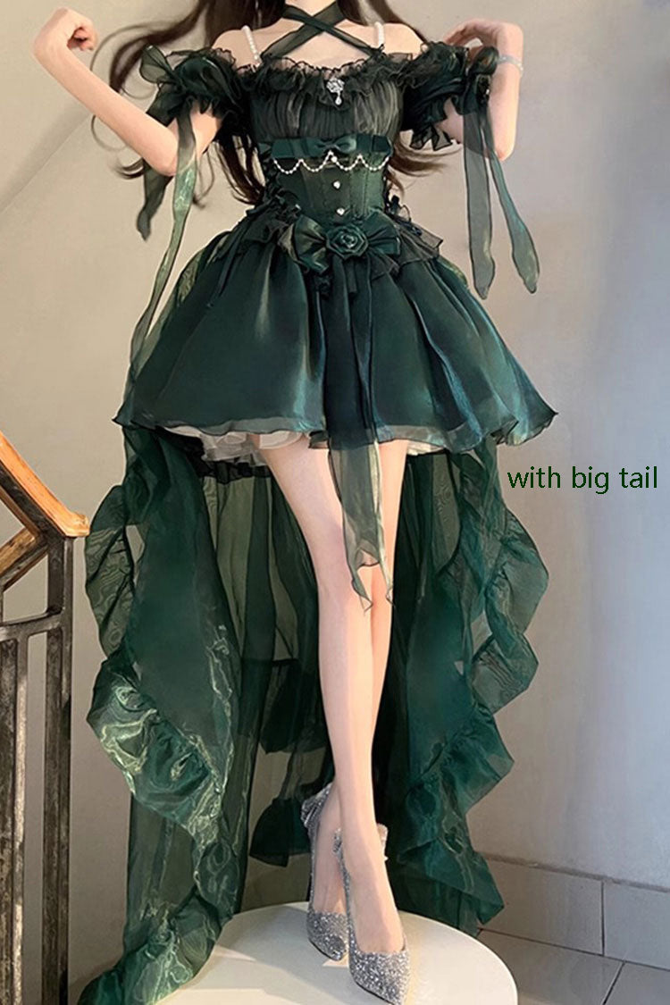 Green Midsummer Dream Short Sleeves Ruffle Hanayome Off-The-Shoulder Gothic Short Lolita Dress - Product - 4