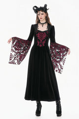 Black/Red Square Collar Long Flare Puff Sleeves Lace Women's Gothic Victorian Velvet Long Dress - Product - 11