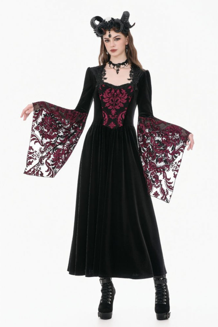 Black/Red Square Collar Long Flare Puff Sleeves Lace Women's Gothic Victorian Velvet Long Dress - Product - 11