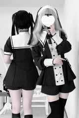 Black/White [Offbeat Confession] Long Short Sleeves Printed Ruffled Bow Gothic Jirai Kei Japanese Dress and Shorts Set - Product - 4