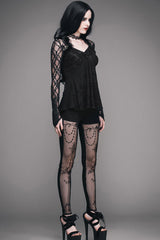 Black Sexy V Neck Mesh Long Sleeves Rose Lace Bottoming Women Gothic T-Shirt - Product - 8