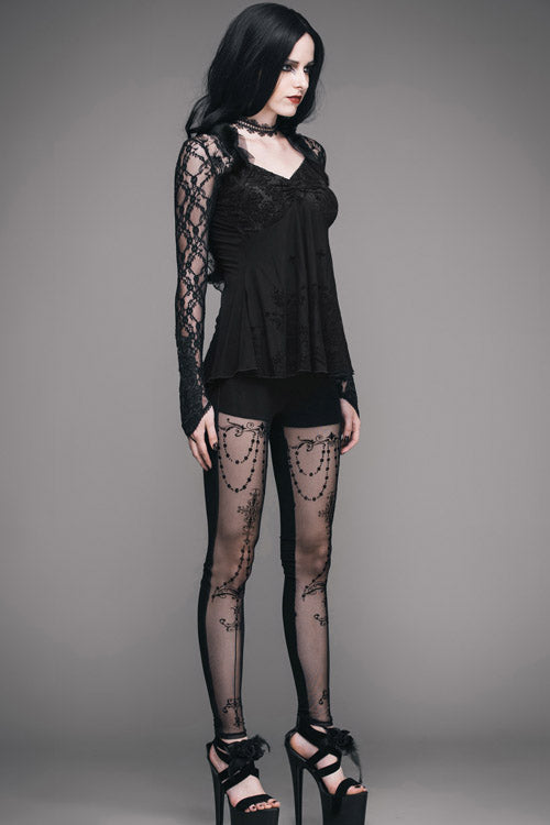 Black Sexy V Neck Mesh Long Sleeves Rose Lace Bottoming Women Gothic T-Shirt - Product - 8