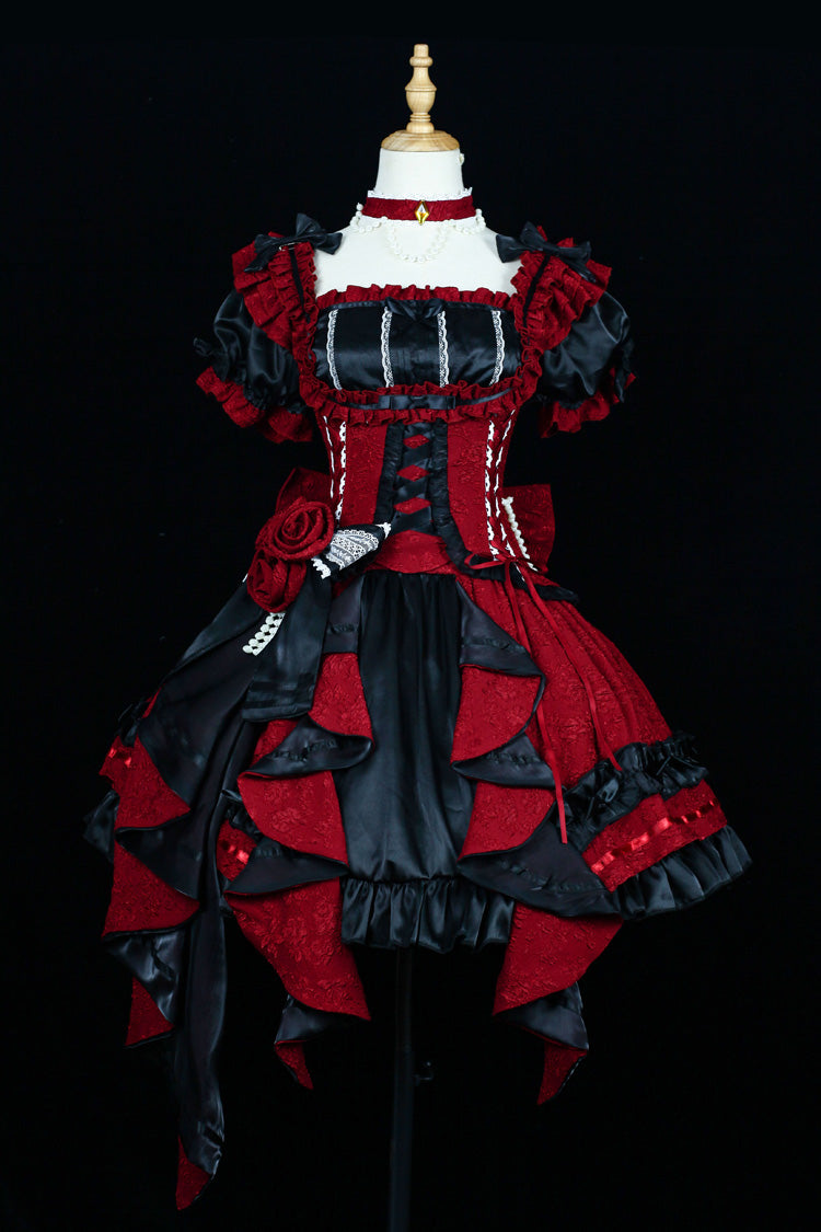 [Spring Overture] Square Collar Short Sleeves Ruffle Cardigan Bowknot Lace Sweet Elegant Lolita Skirt Set 4 Colors - Red - 7