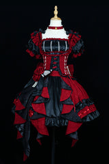 [Spring Overture] Square Collar Short Sleeves Ruffle Cardigan Bowknot Lace Sweet Elegant Lolita Skirt Set 4 Colors - Red - 7