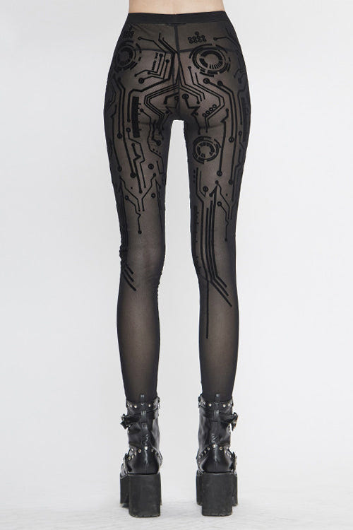Black Punk Circuit Diagram Flocking Stretch Mesh Leggings Womens Pants - Product - 4
