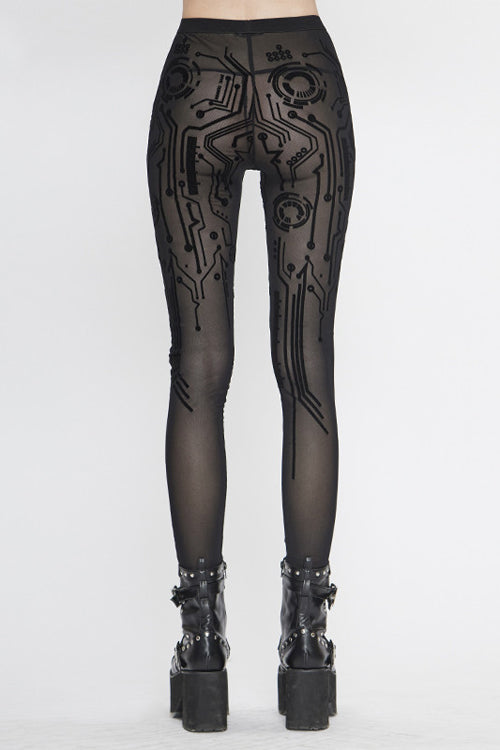 Black Punk Circuit Diagram Flocking Stretch Mesh Leggings Womens Pants - Product - 4