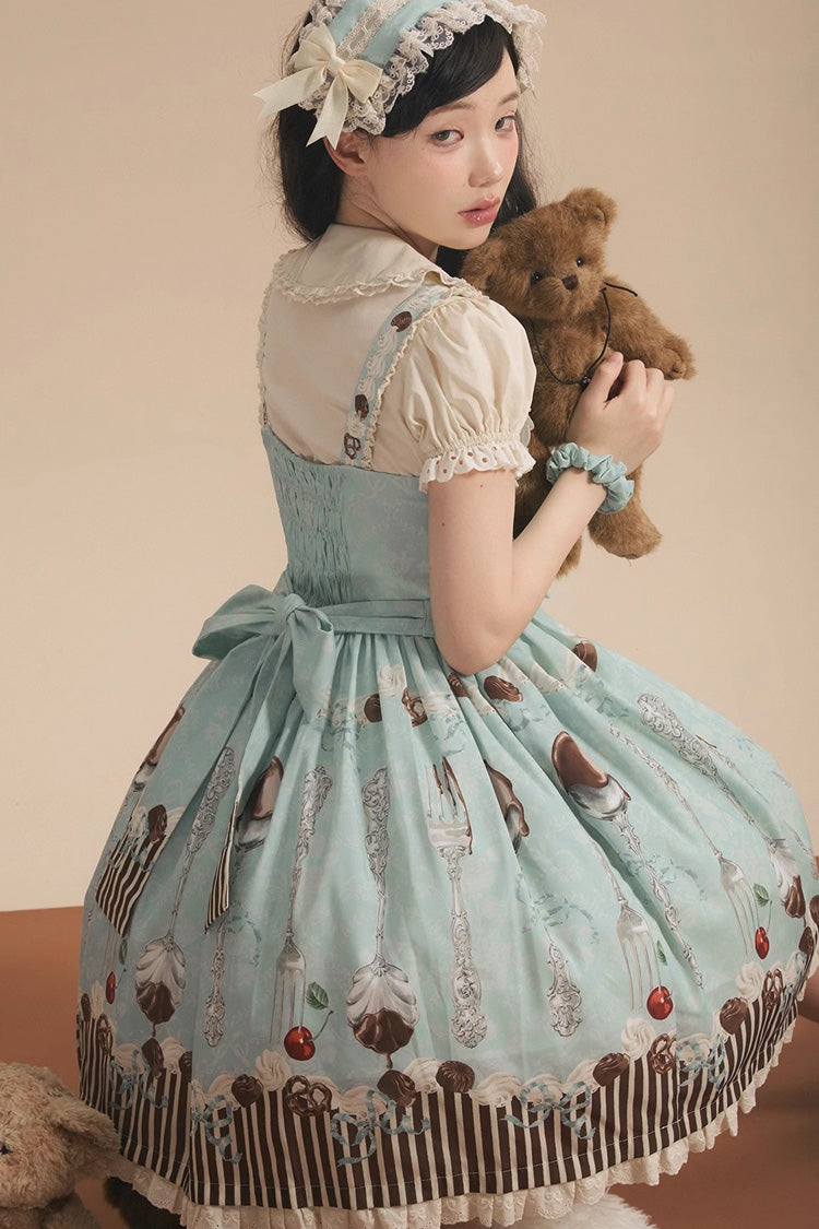 Green [Chocolate Cherry] Print Bowknot Sweet Lolita Jsk Dress - Product - 7