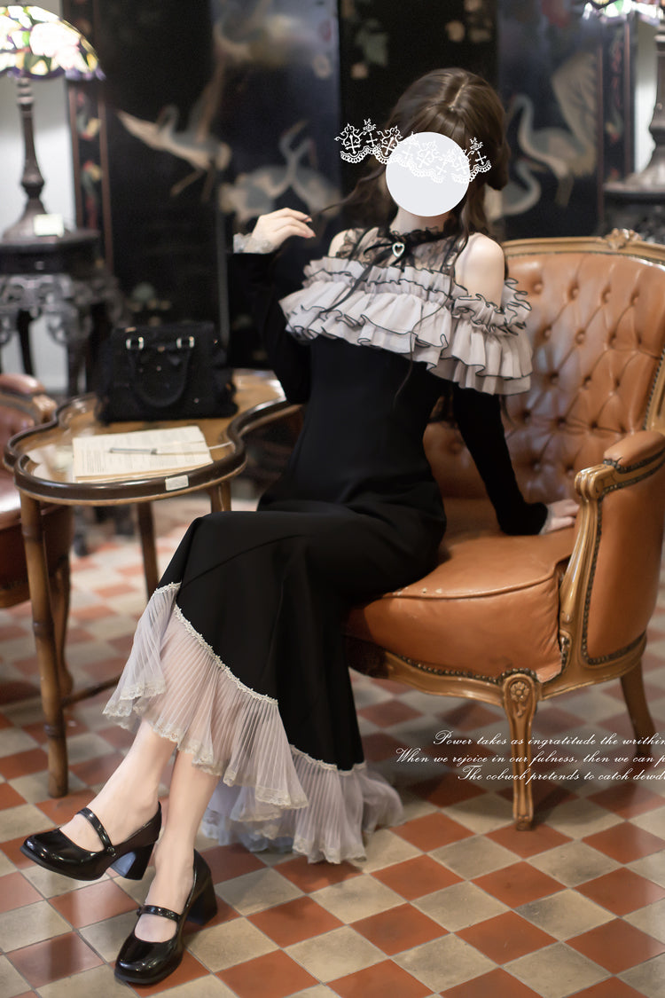 Black [Night Cherry Blossoms] Long Sleeves Ruffle Bowknot Daily Sweet Elegant Lolita Fishtail Dress - Product - 6
