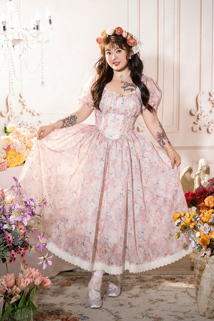 Pink Round Collar Short Puff Sleeves High Waisted Garden Printed Plus Size Vintage Lolita Dress - Pink - 1