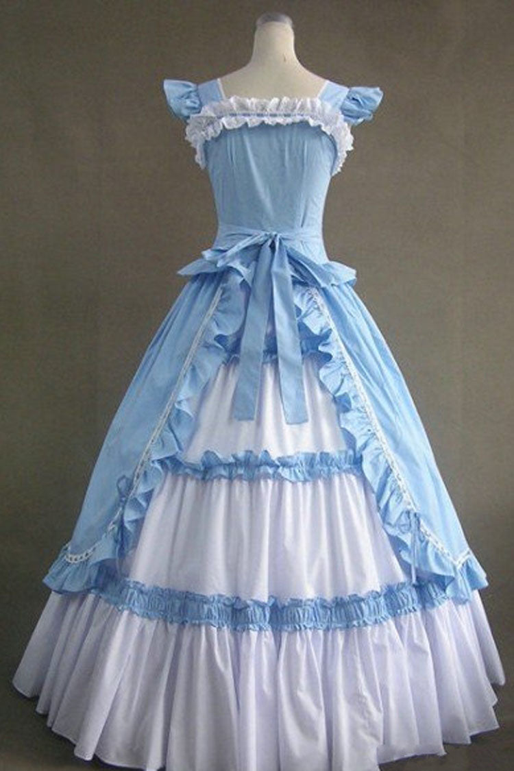 Blue Cotton Square Collar Cap Sleeves Floor Length Ruffled Multi-Layer Pleats Victorian Classic Lolita Dress - Product - 2
