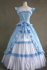 Blue Cotton Square Collar Cap Sleeves Floor Length Ruffled Multi-Layer Pleats Victorian Classic Lolita Dress - Product - 2