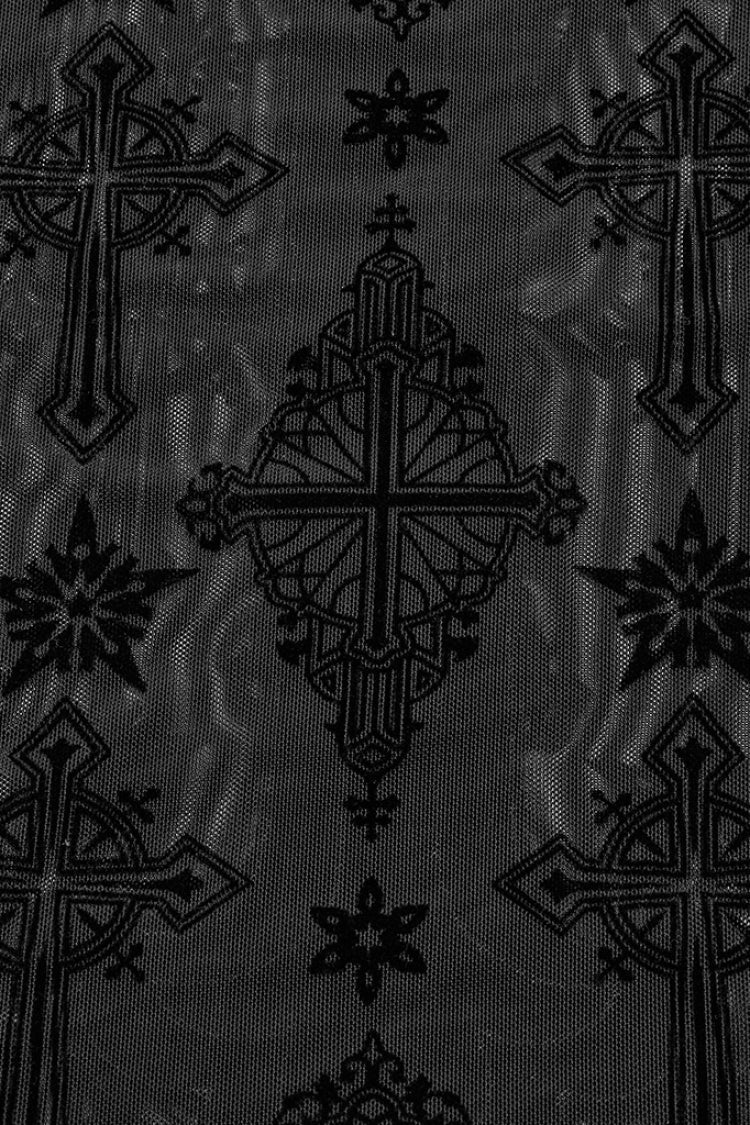 Black Stand Collar Long Sleeves Star Cross Embroidery Sheer Mesh Women's Gothic T-Shirt - Product - 8