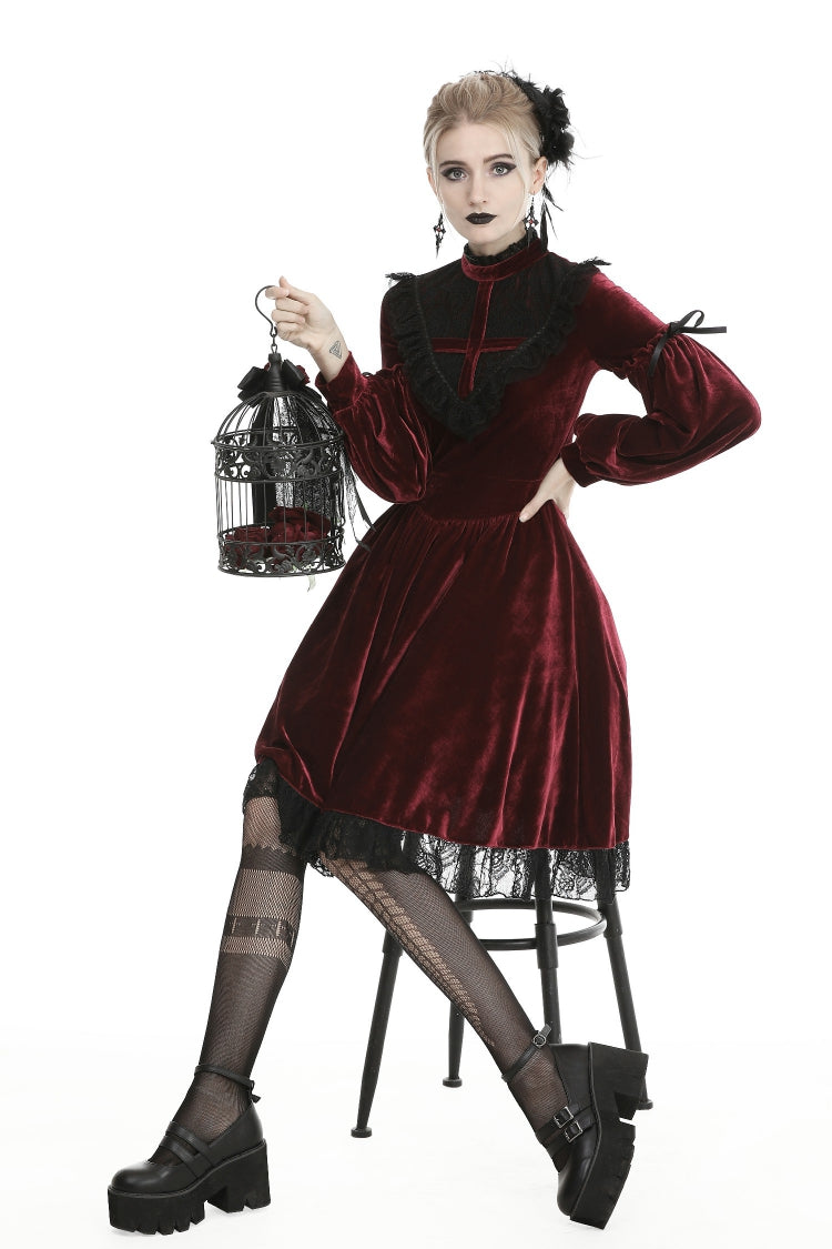 Red Vintage Long Sleeves Lace Collar Cross Women's Gothic Velet Dress - Product - 6