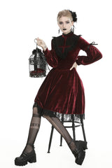 Red Vintage Long Sleeves Lace Collar Cross Women's Gothic Velet Dress - Product - 6