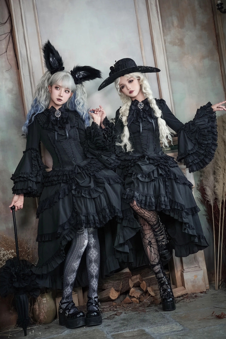 Black [Immortal Phoenix] Long Hime Sleeves Multi-Layered Ruffled Bow Lace-Up Gothic Lolita Skirt Dress Set - Product - 2