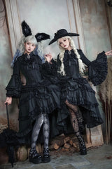Black [Immortal Phoenix] Long Hime Sleeves Multi-Layered Ruffled Bow Lace-Up Gothic Lolita Skirt Dress Set - Product - 2