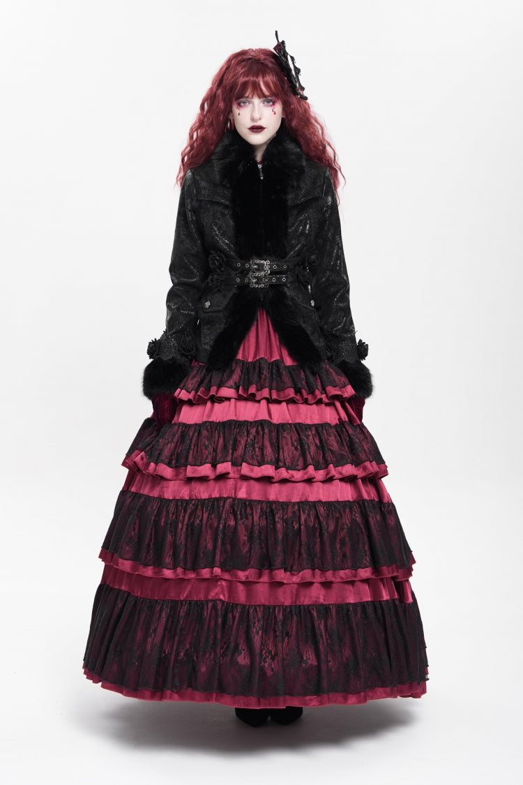 Black Long Sleeves Rose Floral Embroidery Buckle Straps Women's Gothic Coat - Product - 5