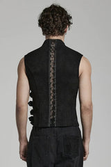 Black Sleeveless Hollow Suede Leather Stitching Irregular Mens Gothic Vest - Product - 3