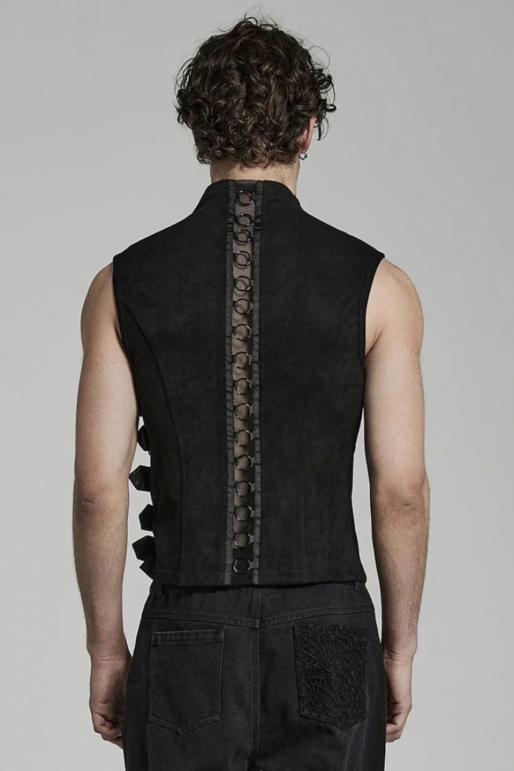 Black Sleeveless Hollow Suede Leather Stitching Irregular Mens Gothic Vest - Product - 3