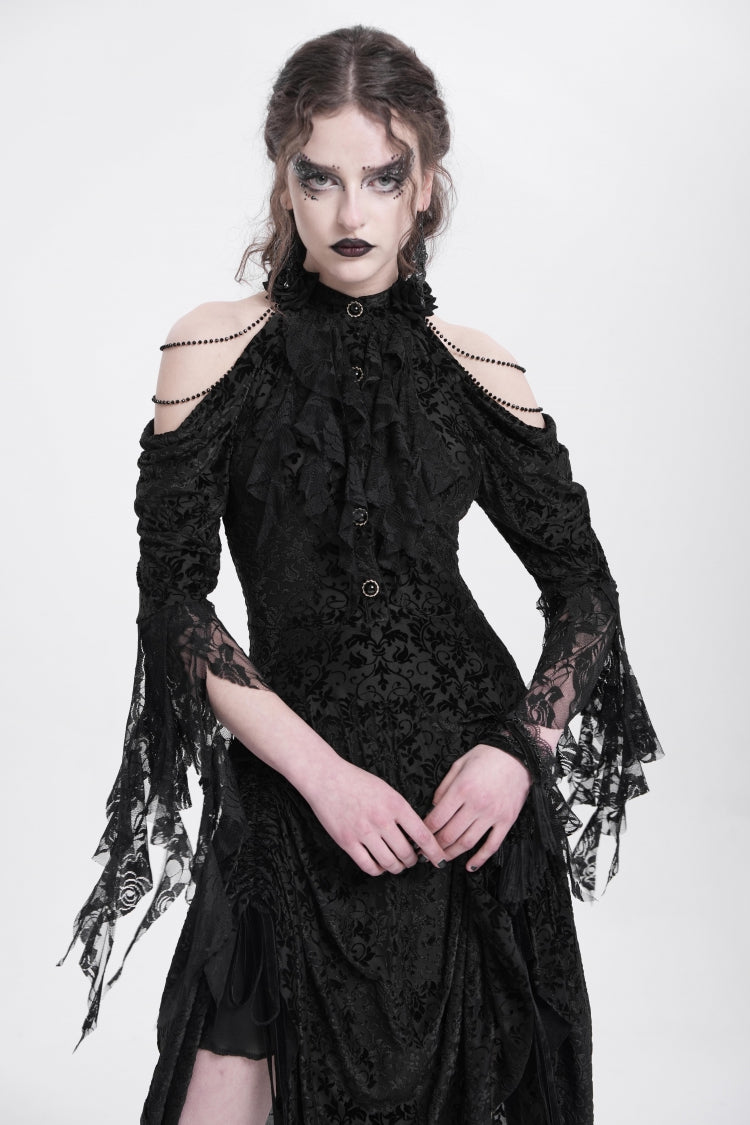 Black Off Shoulder Drawstring Jacquard Embroidery Women's Gothic Party Dress - Product - 10
