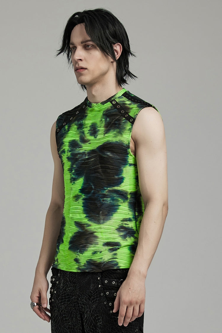 Black/Green Stand Collar Sleeveless Tie-dyed Men's Punk Vest - Product - 2