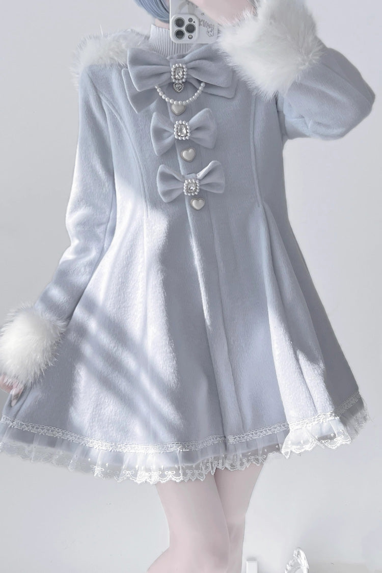 [Plush Lop-eared Rabbit] Long Sleeves Bowknot Lace Hooded Sweet Jirai Kei Coat 5 Colors - Light-Blue - 3
