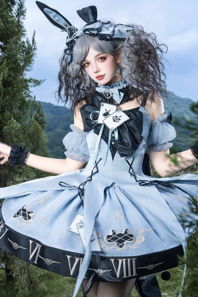 Blue [The Clock Rabbit's Card Game] Sleeveless Jacquard Ruffled Embroidered Bow Lace-Up Gothic Lolita Jsk Dress - Product - 13