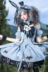 Blue [The Clock Rabbit's Card Game] Sleeveless Jacquard Ruffled Embroidered Bow Lace-Up Gothic Lolita Jsk Dress - Product - 13