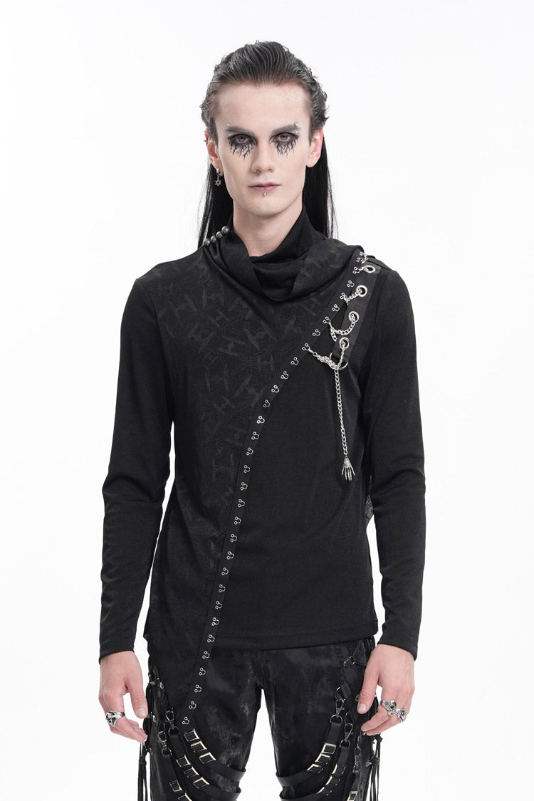 Black Chain Long Sleeves Print Stitching Asymmetric Men's Gothic Sweatershirt - Black - 1