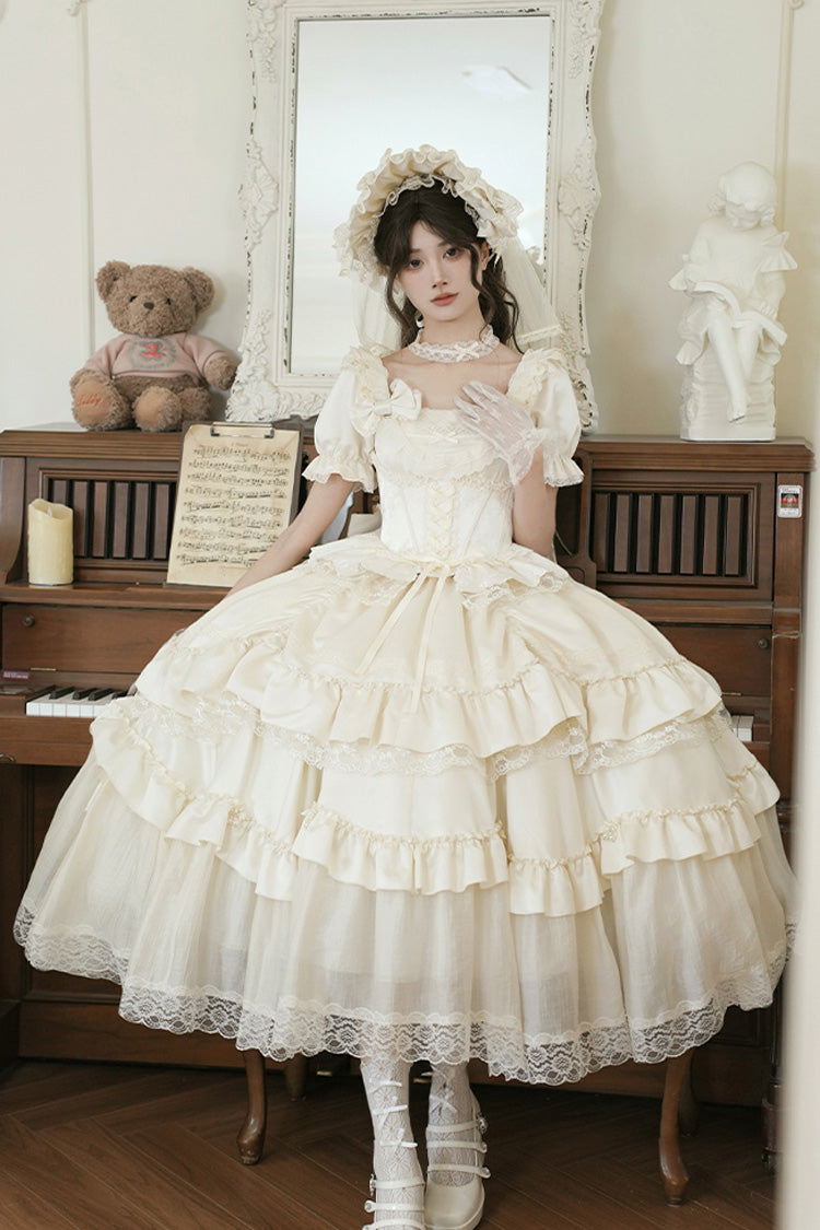White [Letters and Poems] Square Collar Short Sleeves Ruffle Hanayome Bowknot Sweet Elegant Gorgeous Lolita Dress - Product - 4