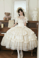 White [Letters and Poems] Square Collar Short Sleeves Ruffle Hanayome Bowknot Sweet Elegant Gorgeous Lolita Dress - Product - 4