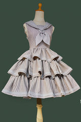 [From Afar] Sleeveless Triple-Layered Stripe Print Bowknot Sweet College Style Lolita Dress 2 Colors - Grey - 18