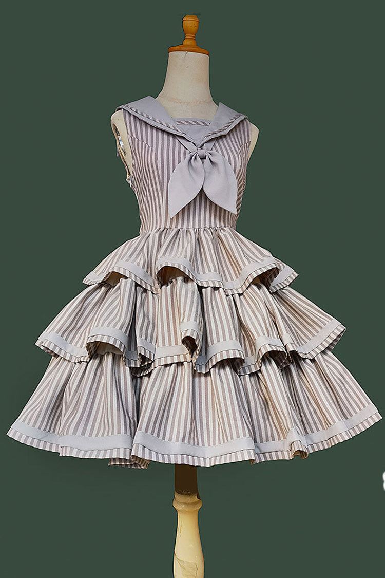 [From Afar] Sleeveless Triple-Layered Stripe Print Bowknot Sweet College Style Lolita Dress 2 Colors - Grey - 18
