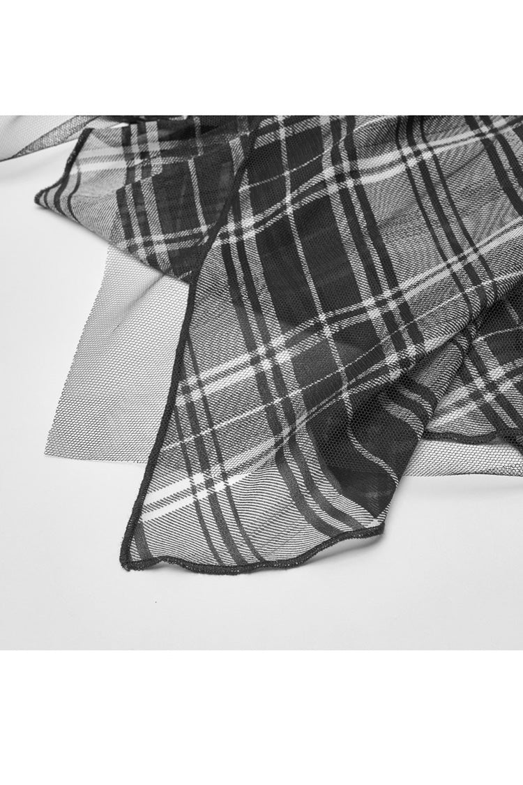 Black Metal Eyelets Shoulder Strap Irregular Hem Plaid Long Chiffon Women's Punk Slip Dress - Product - 7