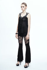Black Halter Lace Up Shoulder Nailed Leather Loops Womens Punk T-shirt - Product - 6
