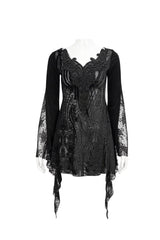 Black V-Neck Beading Lace Flared Cuffs Floral Hip Covered Long Sleeves Women's Gothic T-Shirt - Product - 6