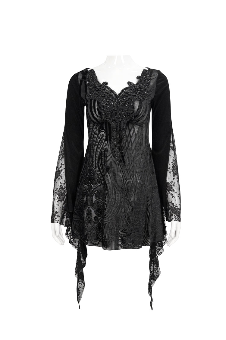 Black V-Neck Beading Lace Flared Cuffs Floral Hip Covered Long Sleeves Women's Gothic T-Shirt - Product - 6