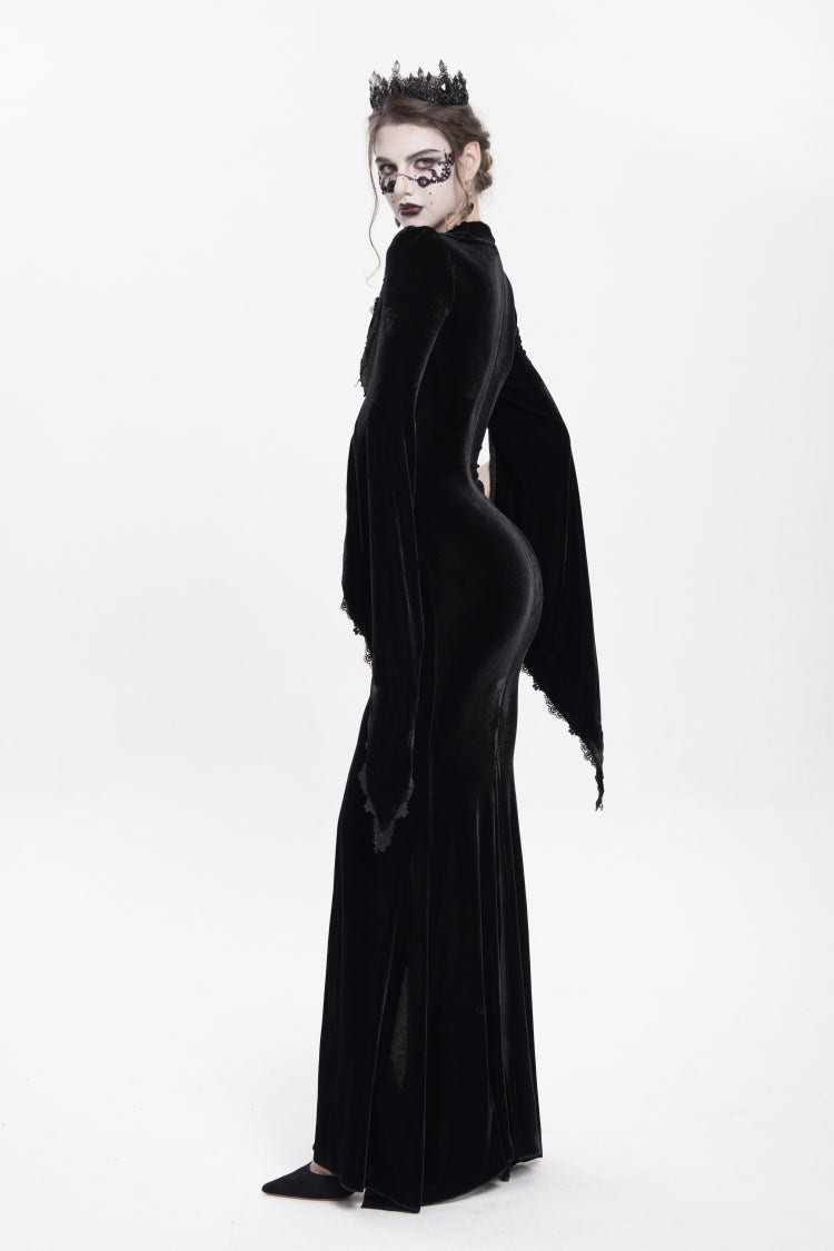 Black V Collar Long Trumpet Sleeves Floral Embroidered Velvet Women's Gothic Dress - Product - 6